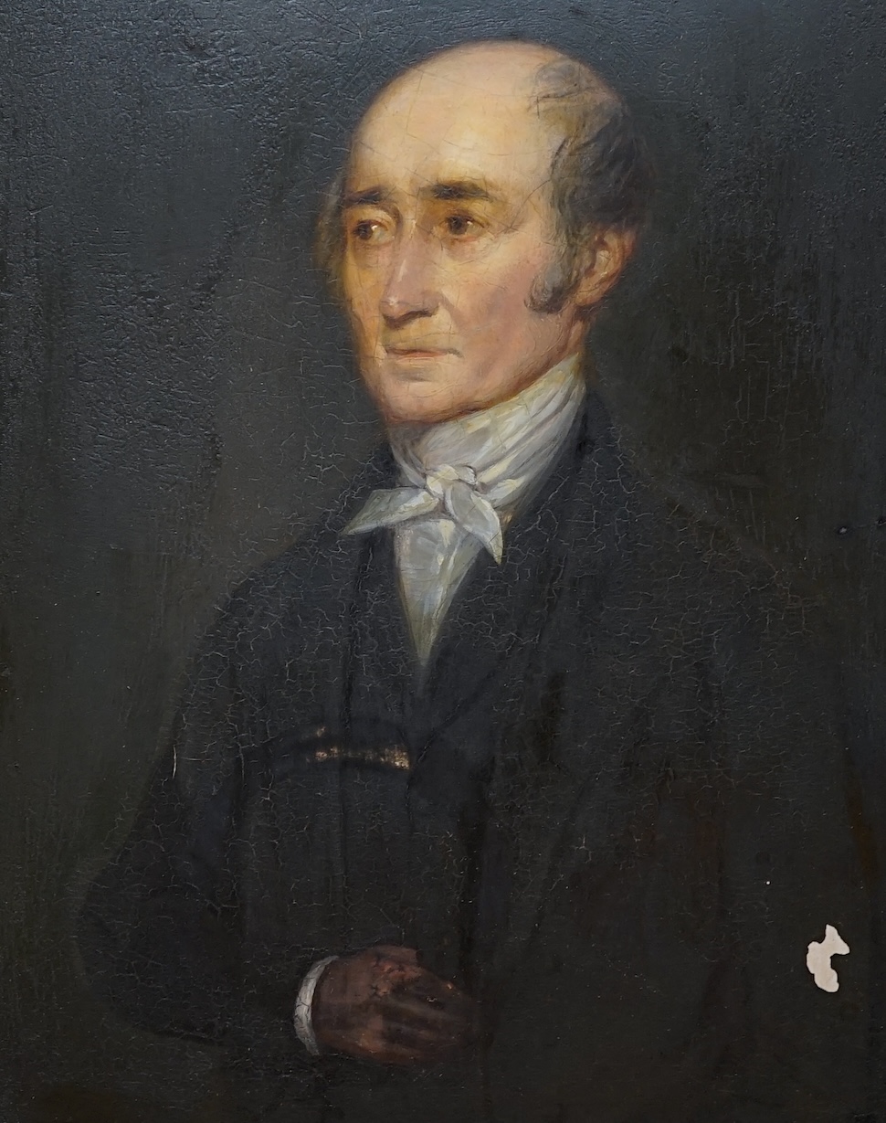19th century English School, oil on board, Portrait of Duncan Moon, born April 17th 1776, inscribed in ink and various labels verso, 29 x 24cm, gilt frame. Condition - poor